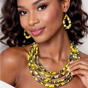 African Ankara Statement Necklace Bold Yellow Black Fabric